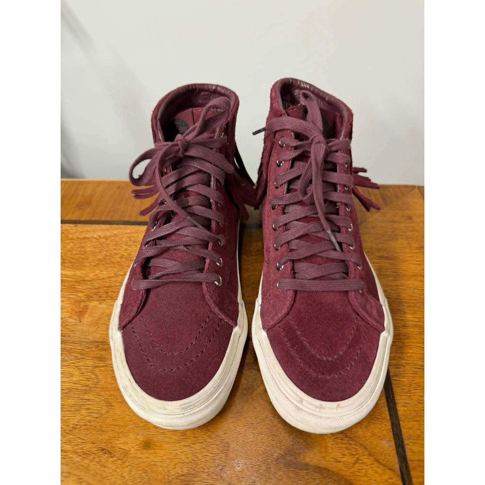 Vans Sk8-Hi Moc Burgundy Maroon Suede Fringe High Top Sneakers Womens 7.5 Mens 6